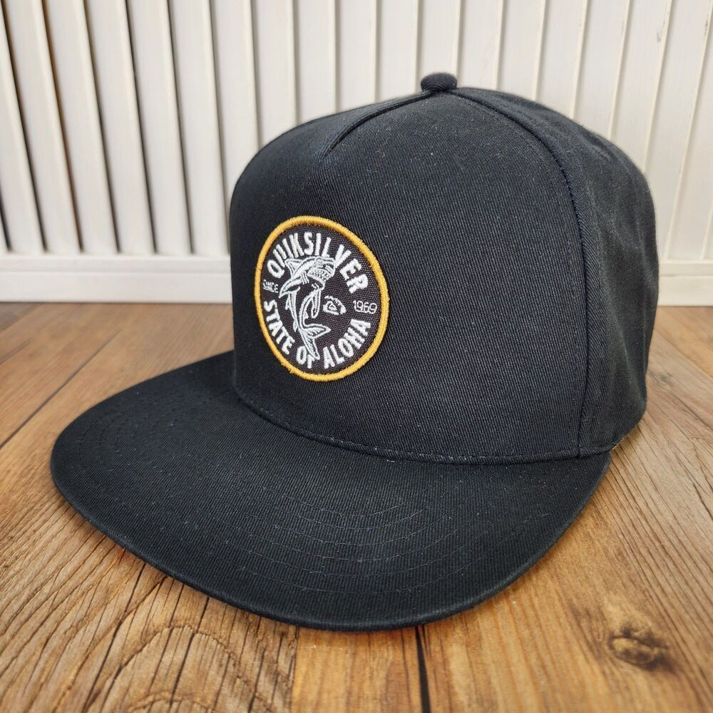 Quiksilver State of Aloha Snapback Hat Cap Black Shark Patch Hawaiian Flag Brim